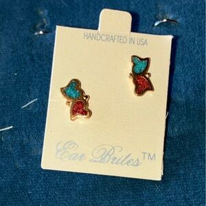 Butterfly Stud Earrings - Turquoise and Red Accent
